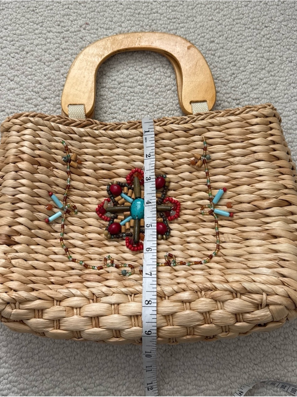 White Stag Natural Woven Tote with Turquoise & Red Beaded Accent - Picture 4 of 6